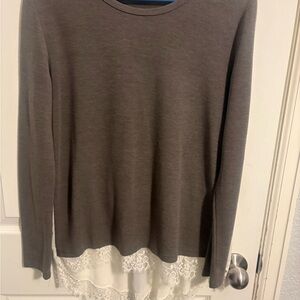 Women's Gray Long Sleeve Top with Lace Hem